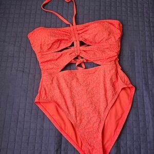 Coral Lace Cutout One-Piece Swimsuit – Halter Tie, Textured Floral  Size Large